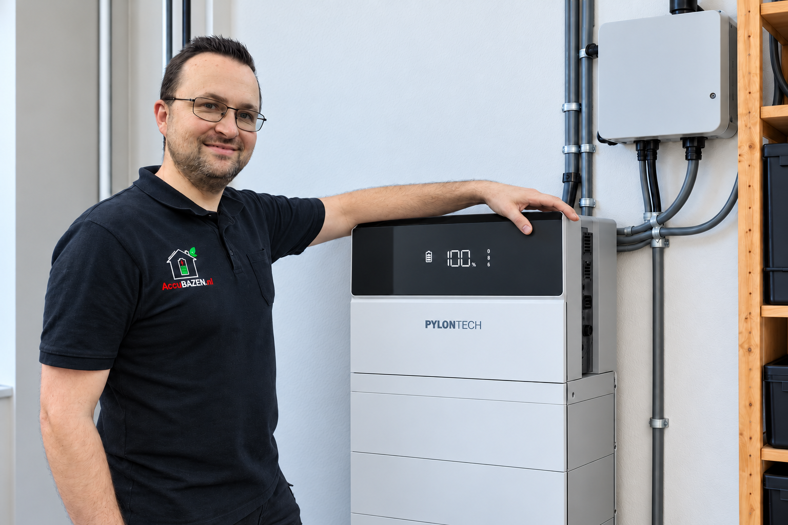 Coen Reichert naast een Pylontech H3X-thuisbatterij