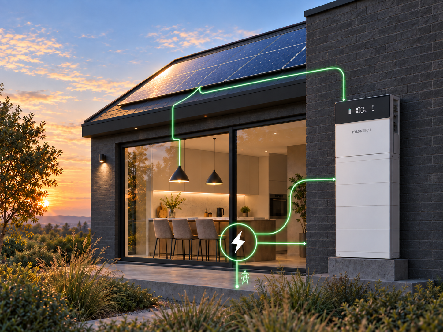 Laatste zonlicht op zonnepanelen, groene energielijnen en een geïnstalleerd Pylontech-thuisbatterijsysteem