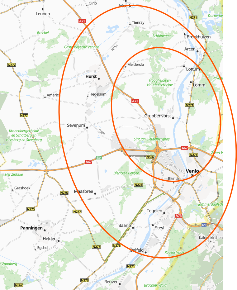 Kaart van het werkgebied rond Grubbenvorst, Venlo en Horst aan de Maas